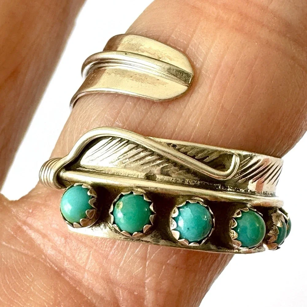 Navajo Turquoise Wrap Ring Feather‎ Sz 6 Adjustable Bypass Sterling Signed AD
